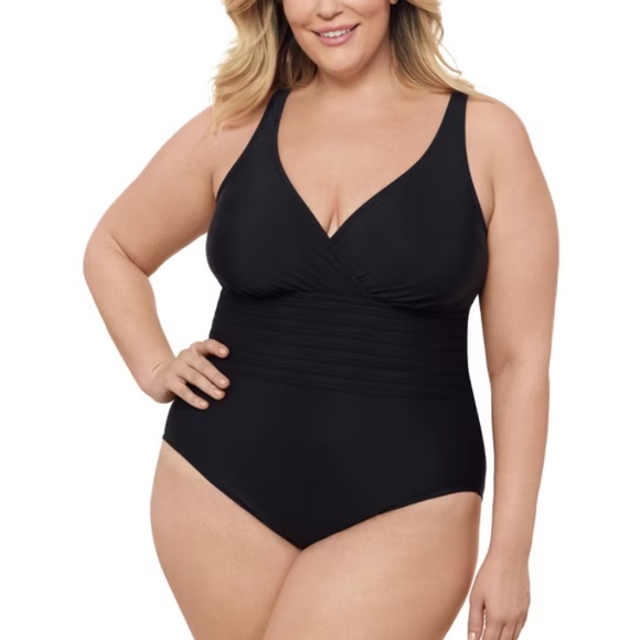 Women's Surplice Trim Overlay One Piece Swimsuit in Black with Adjustable Straps - Picture 2 of 4